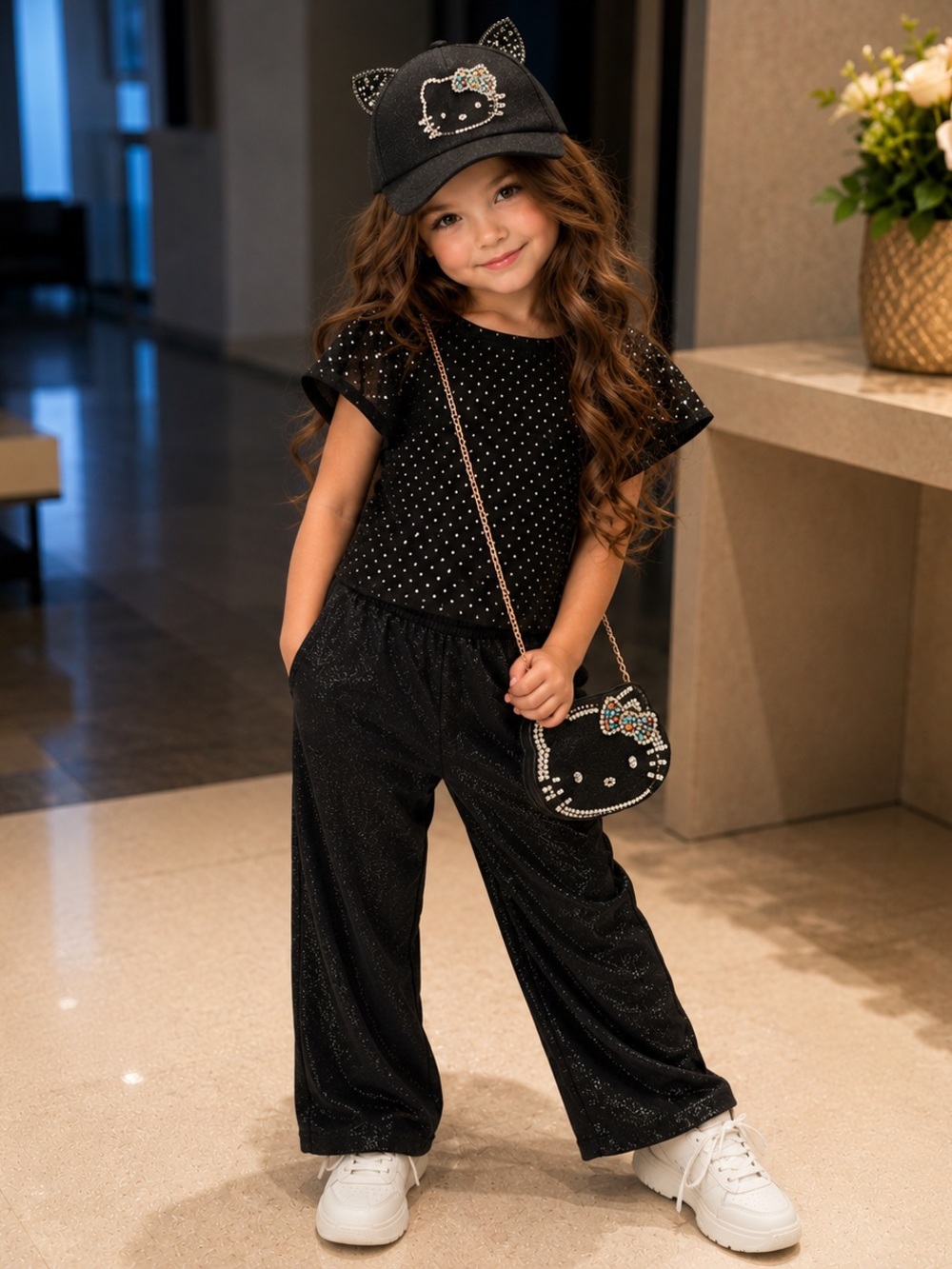 Black Rhinestone Kitty Cat Ear Baseball Cap Kawaii Sparkle Bling Hat